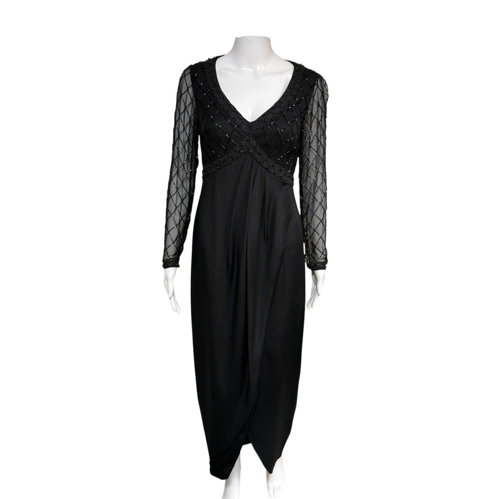 Vie by Victoria Royal Black Silk Beaded Evening Gown Sheer Lattice Sleeve Size 6